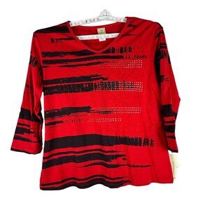 Jess & Jane Womens Scroll Pen Red & Black Cotton Top Size XL